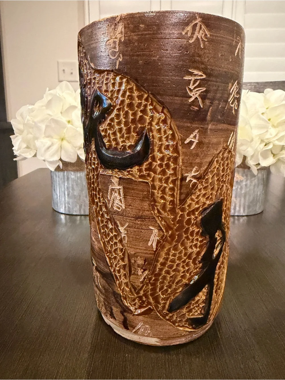 Vintage Hand Carved Chinese Clay Dragon Vase Tang Dynasty Poem Relief Potter